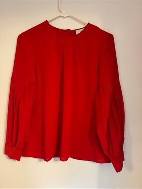 Red Pleated-Sleeve Blouse with Crew Neck